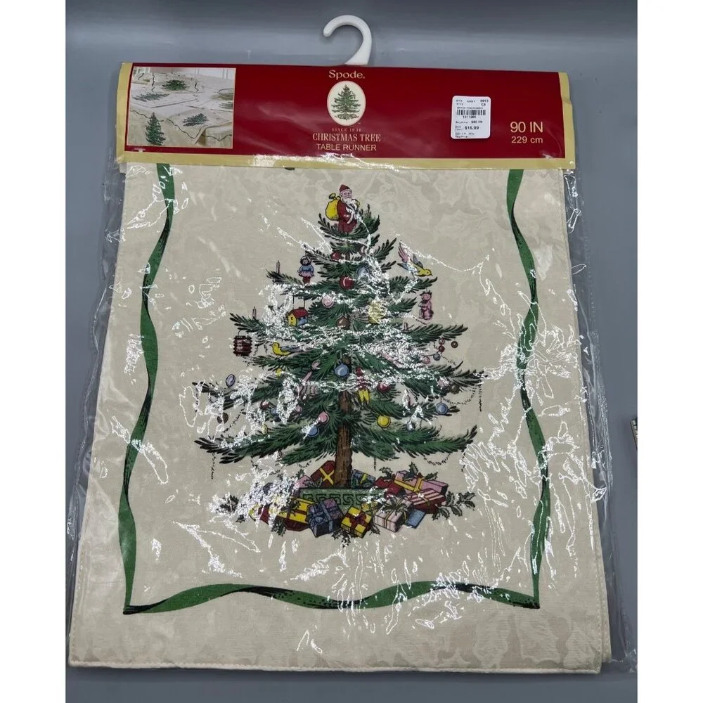 Spode Christmas Tree Table Runner 90 in Ivory & Green Fine Dining Holiday Decor